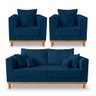 Kit Sofá 3 Lugares e 2 Poltronas Beny Viena com Base de Madeira Linho Azul - Madeira Prima Deccor - 1