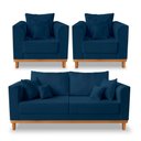 Ver imagem 1 de Kit Sofá 3 Lugares e 2 Poltronas Beny Viena com Base de Madeira Linho Azul - Madeira Prima Deccor