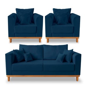 Kit Sofá 3 Lugares e 2 Poltronas Beny Viena com Base de Madeira Linho Azul - Madeira Prima Deccor