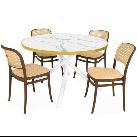 Conjunto Mesa de Jantar Redonda Solaris Branca 120cm com 4 Cadeiras Roma - Marrom