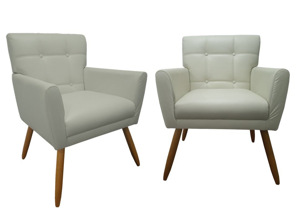 Kit 2 Poltronas Decorativa Onix Couro Bege Pés Madeira Ms Decor
