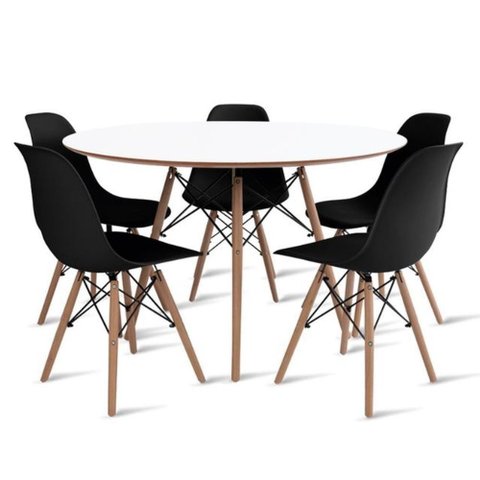 Conjunto de Mesa de Jantar Eames Eiffel Redonda 120cm Tampo de Madeira Branco com 5 Cadeiras Pretas