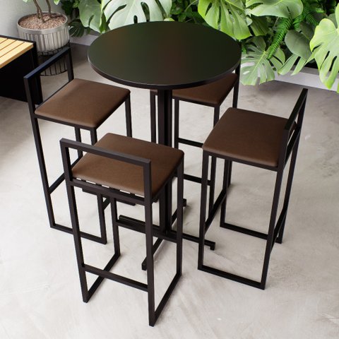 Conjunto Mesa Redonda Alta Preta 4 Cadeiras Pequena Estofado Industrial Black Don Castro Marrom