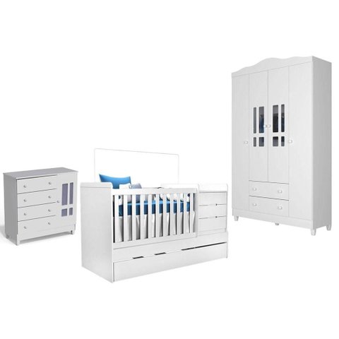 Quarto de Bebê Ariel 4 Portas com Berço Americano Multifuncional Cleo Branco - Carolina