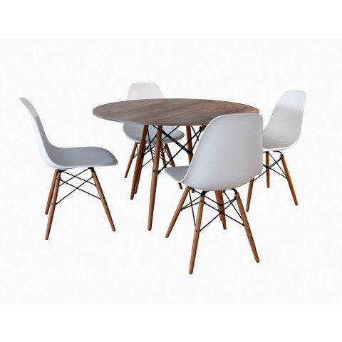 Conjunto de Mesa de Jantar Eames Eiffel Redonda 110cm Tampo de Madeira Amêndoa com 4 Cadeiras Branca