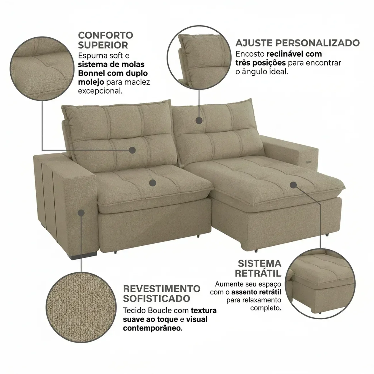 Ver imagem 5 de Sofá Retrátil e Reclinável 2 Lugares Kairo 260cm em Bouclé Fendi