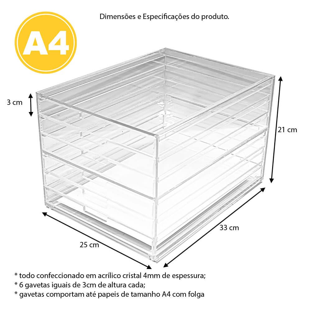 Gaveteiro Acrílico Organizador de Papéis A4 com 6 Gavetas Centauri Acrílicos GAV-P06-A4 - 3