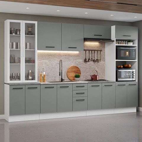 Armário de Cozinha Completa 340cm Branco/cinza Agata Madesa 01 Branco/cinza