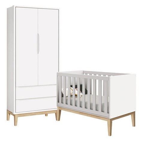 Jogo de Quarto Classic Guarda Roupa 2 Portas e Berço Branco Fosco com Pés Madeira Natural - Reller M