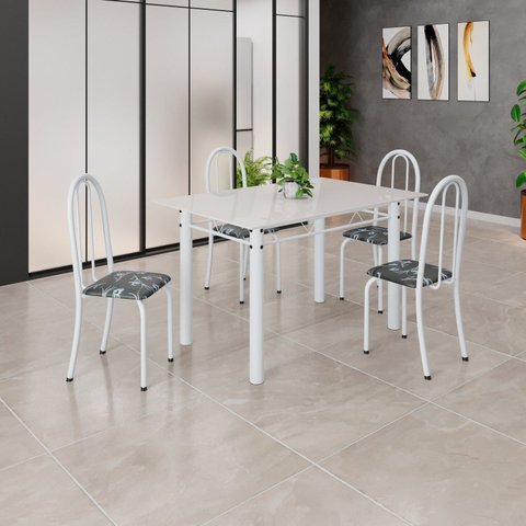 Conjunto de Mesa Tubular 120cm x 75cm Tampo em Vidro com 4 Cadeiras Iris B Branco/Preto