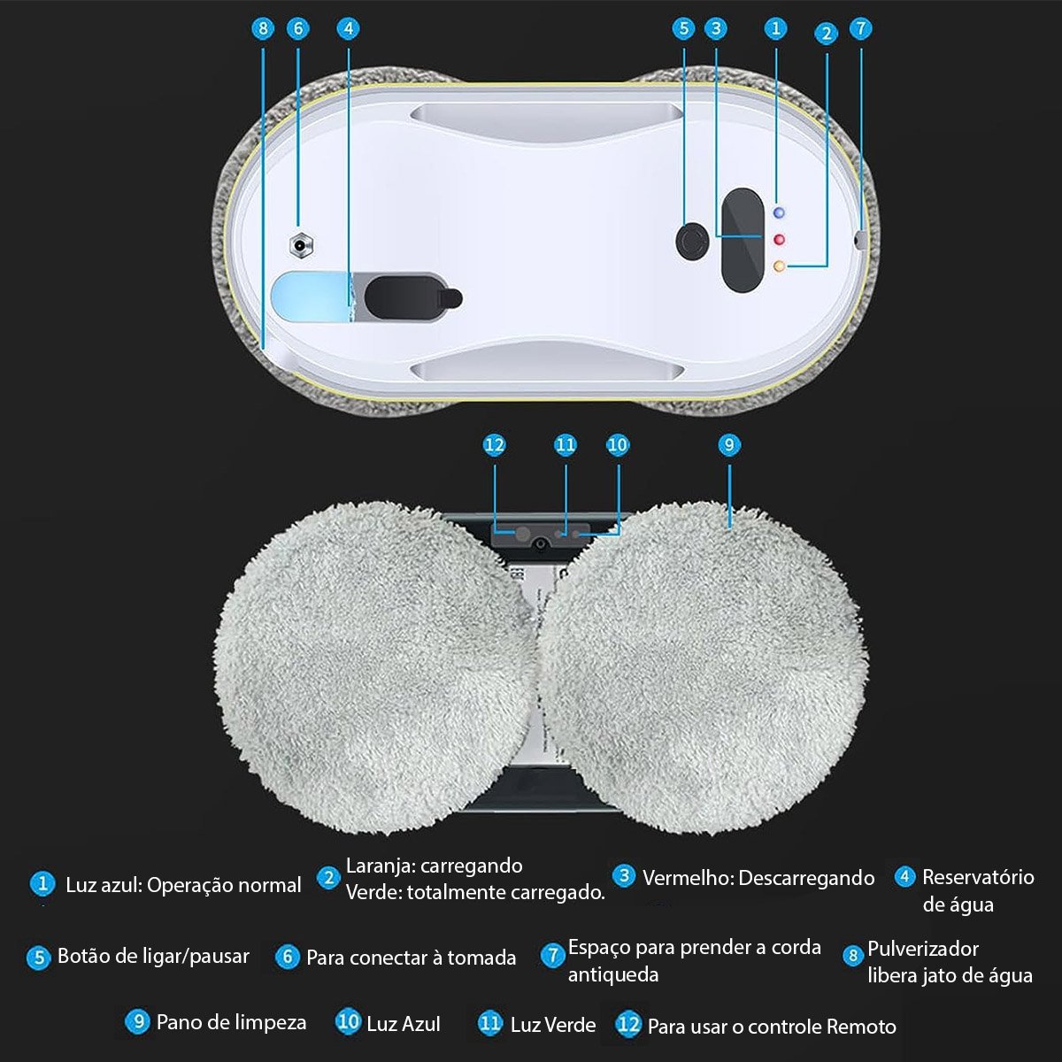 Robo Inteligente Limpador Vidro Reservatorio Controle Limpa Janela Azulejo Vidraça Vitrine Box Espel - 9