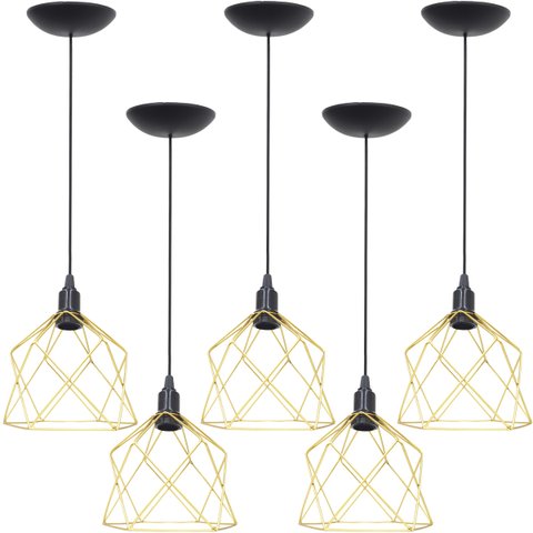 5 Pendentes Aramado Cálice Luminária Lustre Teto Retrô Vintage Industrial Balcão Dourado