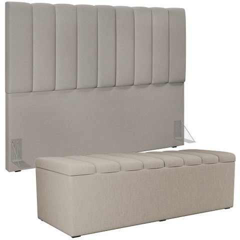 Kit Cabeceira Cama Box Casal King 195cm com Calçadeira Baú Dália W01 Linho Bege - Lyam Lyam Decor