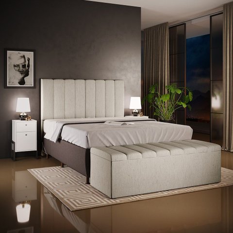 Kit Cabeceira Cama Box Casal King 195cm com Calçadeira Baú Dália W01 Linho Bege - Lyam Lyam Decor
