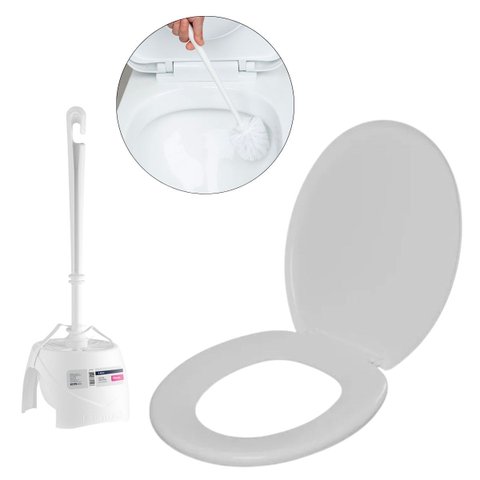 Assento Vaso Sanitário Tampa Oval Soft Branco + Escova Sanitária Base Redonda
