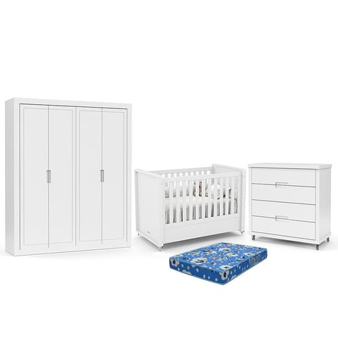 Dormitório Tutto New 4 Portas, Cômoda 4 Gavetas e Berço Branco Soft com Colchão - Matic Móveis