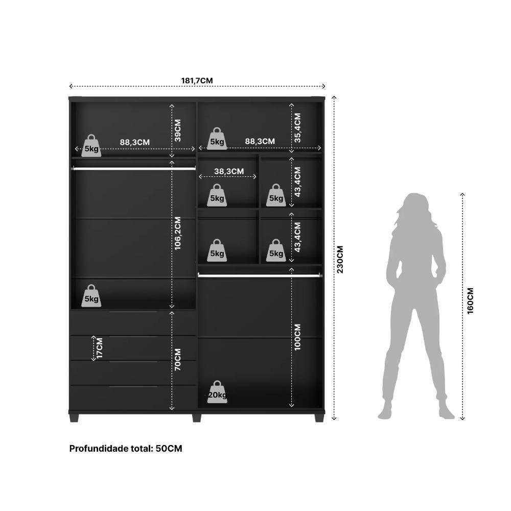 Guarda-roupa Casal 4 Portas 4 Gavetas 100% Mdf Allen 181 Cm - Preto Fosco - 6