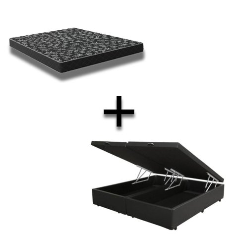 Cama Box Baú Casal 138 Bipartido Tecido Sintético Preto com Colchão Espuma D20 - Tampo Preto Bello B