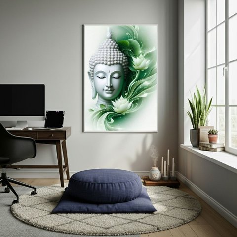 Quadro Decorativo Buda em Verde 70x50cm Mold Preta