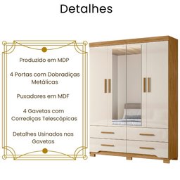 Guarda Roupa Solteiro Miami com Espelho 4 Portas Freijó Off White Moval - 3