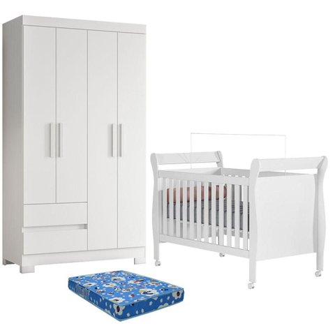 Berço Americano Slim com Colchão Ortobom Guarda Roupa Olimpia 4 Portas Branco Flex - Móveis