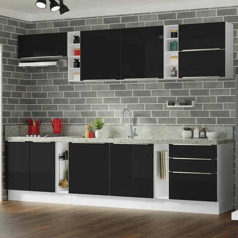 Armário de Cozinha Completa 300cm Branco/Preto Lux da Sabrina Madesa