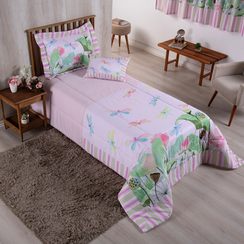 Kit Edredom Cobertor Solteiro Menina Girl Enxoval Infantil Juvenil 4 Peças 300 Fios Libélulas