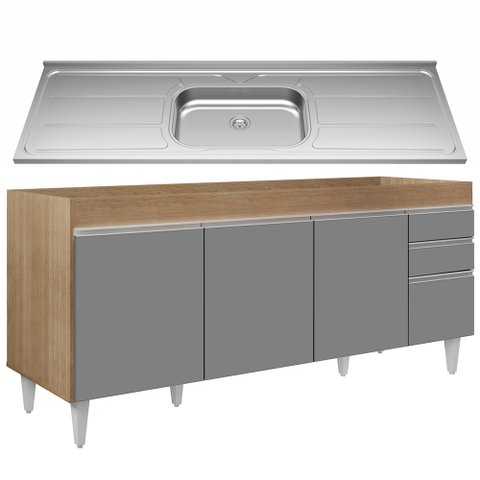 Balcão Gabinete Com Pia 180cm Dallas Castanho/Cinza - Lumil Lumil Móveis