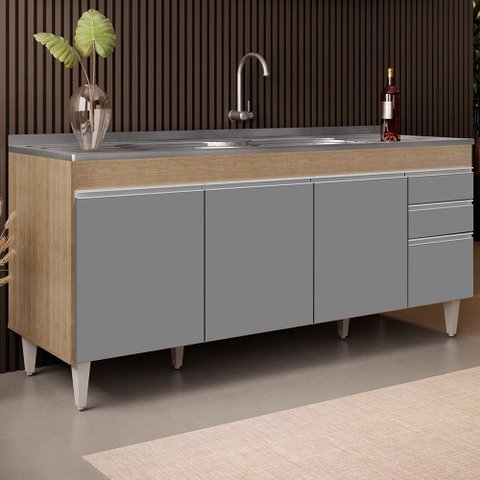 Balcão Gabinete Com Pia 180cm Dallas Castanho/Cinza - Lumil Lumil Móveis