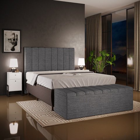 Kit Cabeceira Cama Box Casal King 195cm com Calçadeira Baú Dália W01 Linho Cinza Escuro - Lyam Lyam