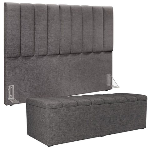 Kit Cabeceira Cama Box Casal King 195cm com Calçadeira Baú Dália W01 Linho Cinza Escuro - Lyam Lyam