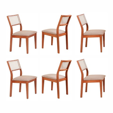 Kit 6 Cadeiras Madeira Maciça com Estofado e Fibra Natural Rattan Maya Yescasa Marrom/Champagne/Bege