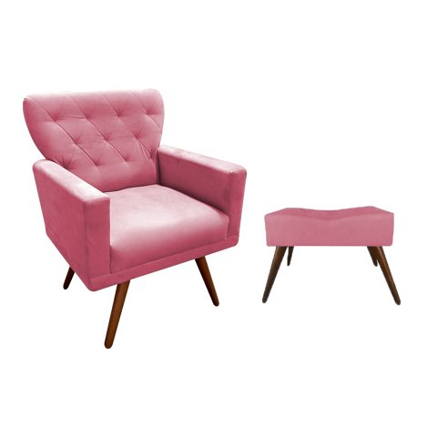 Kit Poltrona Decorativa Aurora + 1 Puff Retangular Suede Rosa Pés Madeira Mz Decor