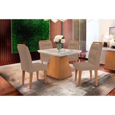 Conjunto: Mesa Sala Jantar Luna C/ Tampo Madeirado C/ Vidro Canto Curvo 90x90cm e 4 Cadeiras