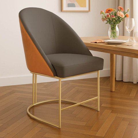 Cadeira Poltrona de Jantar Bela Corano Nozes e Linho Grafite Base Metálica Industrial Dourado - Pall