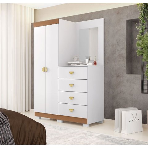Cômoda Roupeiro Cristal com Espelho para Quarto -  Branco/Camarim Flex Vila Rica