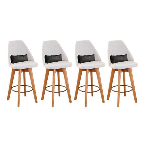 Kit 04 Banquetas Com Encosto Linho Bege E Almofada Cinza