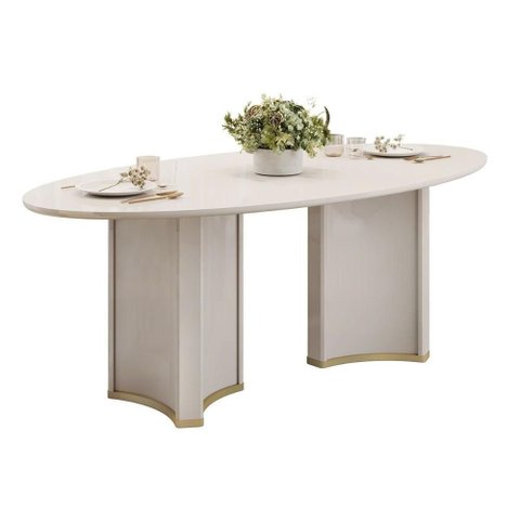 Mesa Multiuso Cozinha Liz C/ Tampo Madeirado C/ Vidro Oval 218x108cm Off White/off White - Dj Mó