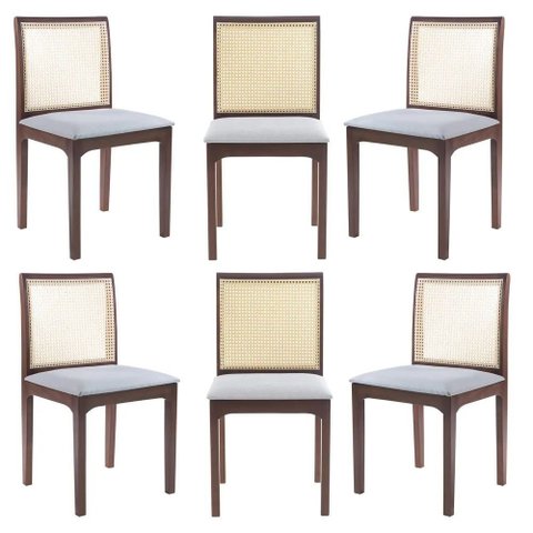 Kit 06 Cadeiras Sala de Jantar Madeira Maciça Steve Tela Rattan Sextavano Linho Cinza/amêndoa G55 -