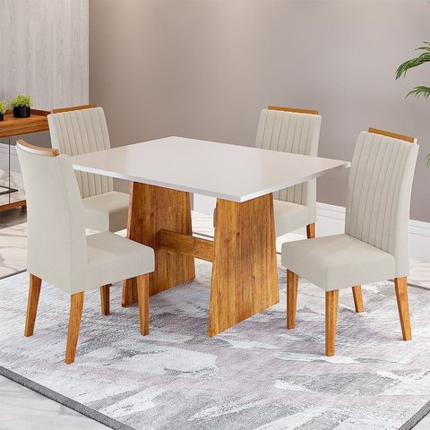 Conjunto Sala de Jantar 4 Lugares Retangular Tampo de MDP Belline Yescasa Bege/Mel/Off White