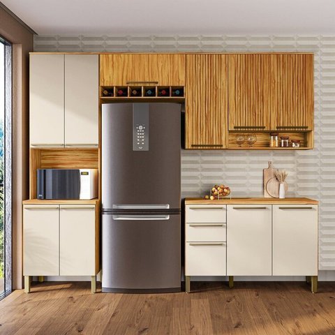 Cozinha Compacta Modulada 4 Peças 11 Portas e Tampo 100% MDF Frisado Itália Yescasa Bege/Amêndoa/Off White