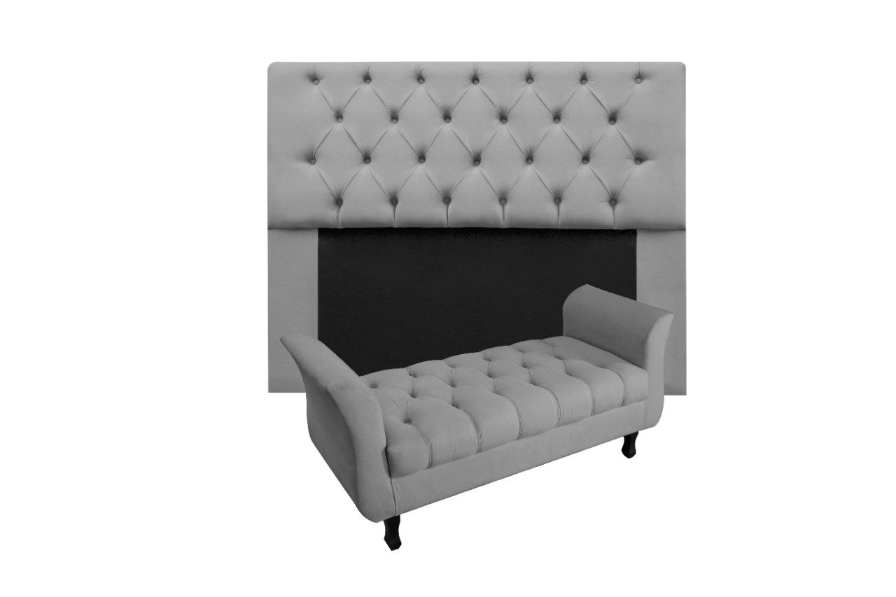 CONJUNTO CABECEIRA MIRAGE QUEEN 160CM + RECAMIER CALÇADEIRA NEW GRECIA 160CM SUEDE CINZA - 1
