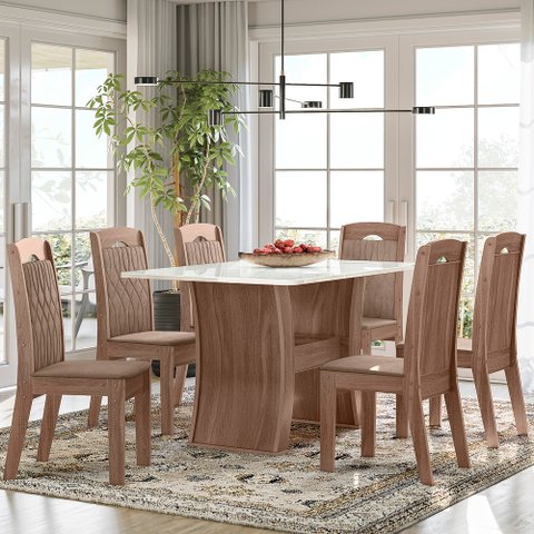 CONJUNTO SALA DE JANTAR BÉLGICA 1,35 X 0,90 COM 6 CADEIRAS AMÊNDOA 73B
