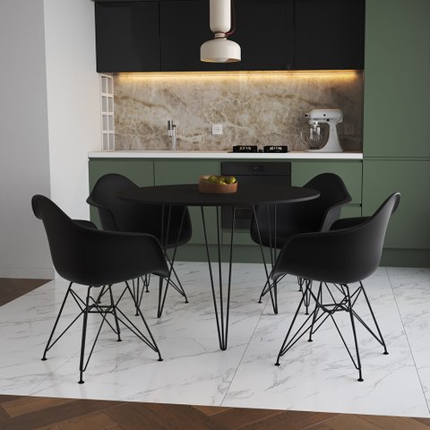 Mesa Jantar Redonda 90cm Preta Clips 3 Pés com 4 Poltronas Eiffel Eames Daw Pretas Ferro Preto