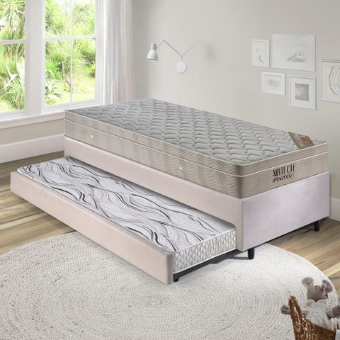 Bicama Box 88x188 Suede Bege com Colchão Airtech Ortobom