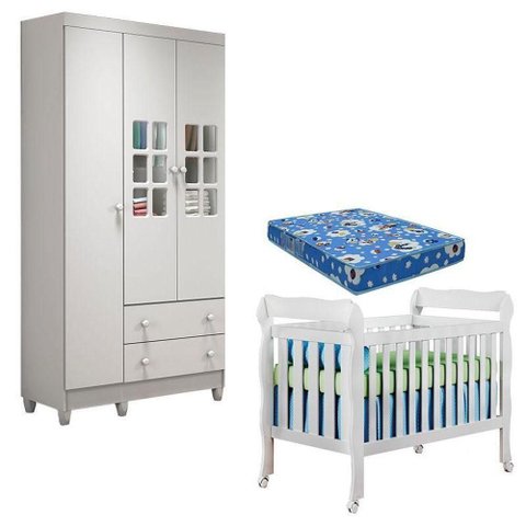 Berço Americano Lila e Guarda Roupa Mariah 3 Portas Branco Brilho com Colchão – Carolina