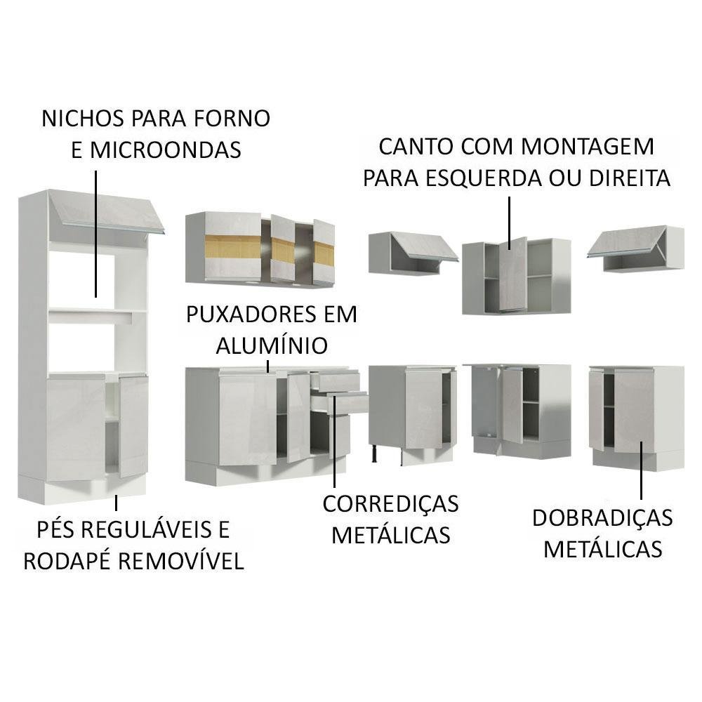 Armário de Cozinha Completa de Canto 100% MDF 448 cm Frentes Branco Brilho Smart Madesa XA01 - 5