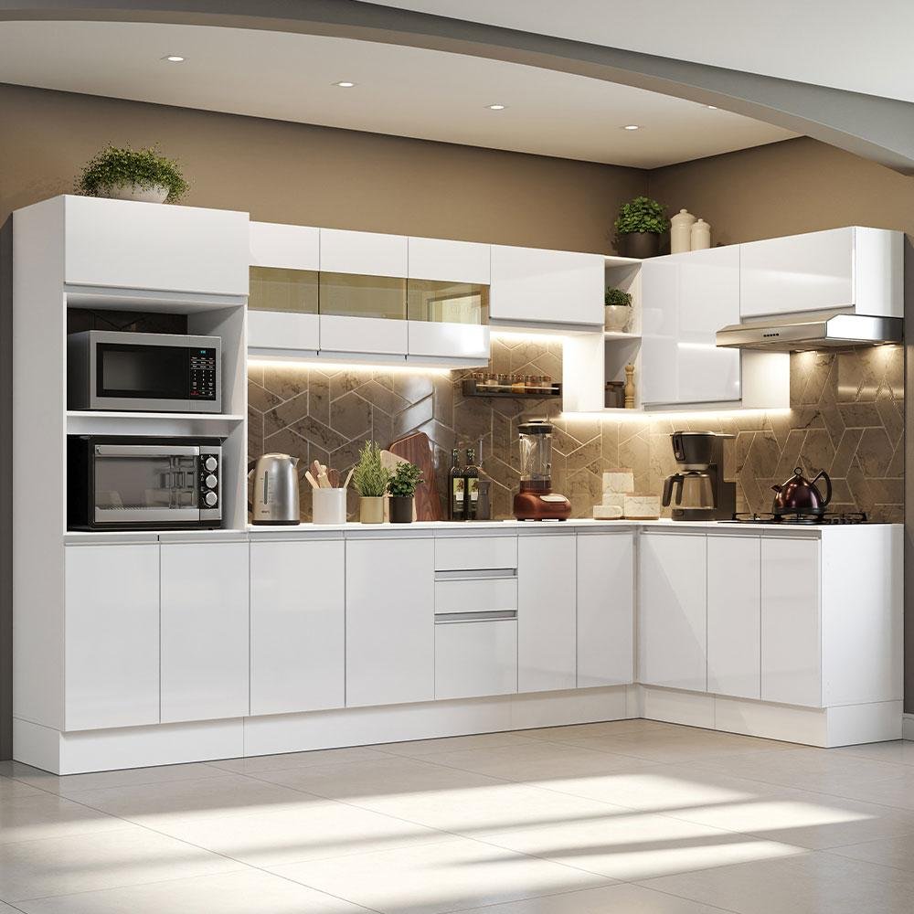 Armário de Cozinha Completa de Canto 100% MDF 448 cm Frentes Branco Brilho Smart Madesa XA01 - 2