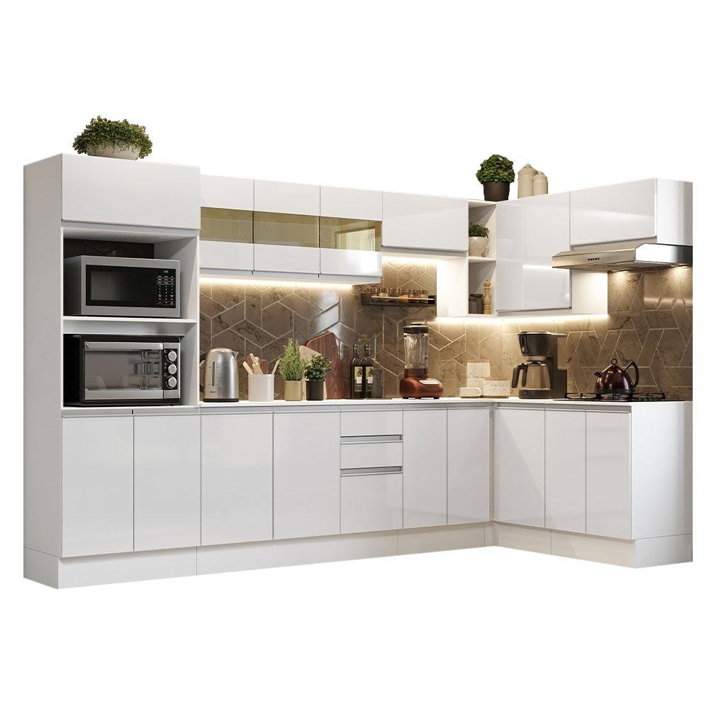 Armário de Cozinha Completa de Canto 100% MDF 448 cm Frentes Branco Brilho Smart Madesa XA01 - 3