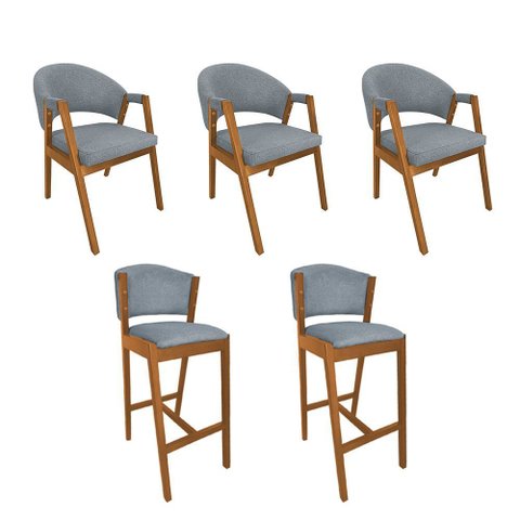 Kit 3 Cadeiras de Jantar Helen Madeira Maciça com 2 Banquetas Ana Cerejeira Premium Linho Cinza
